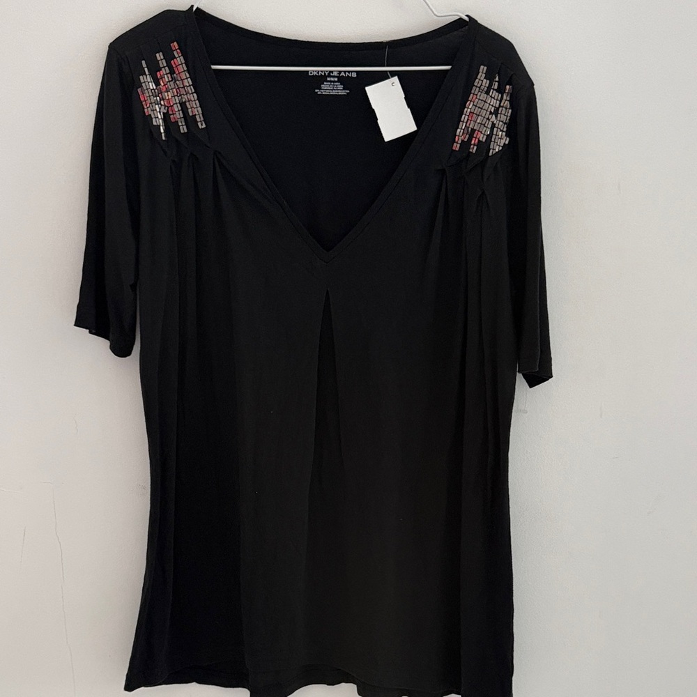 Dkny Black V-Neck Short Sleeve Top with Shoulder Bead Detail